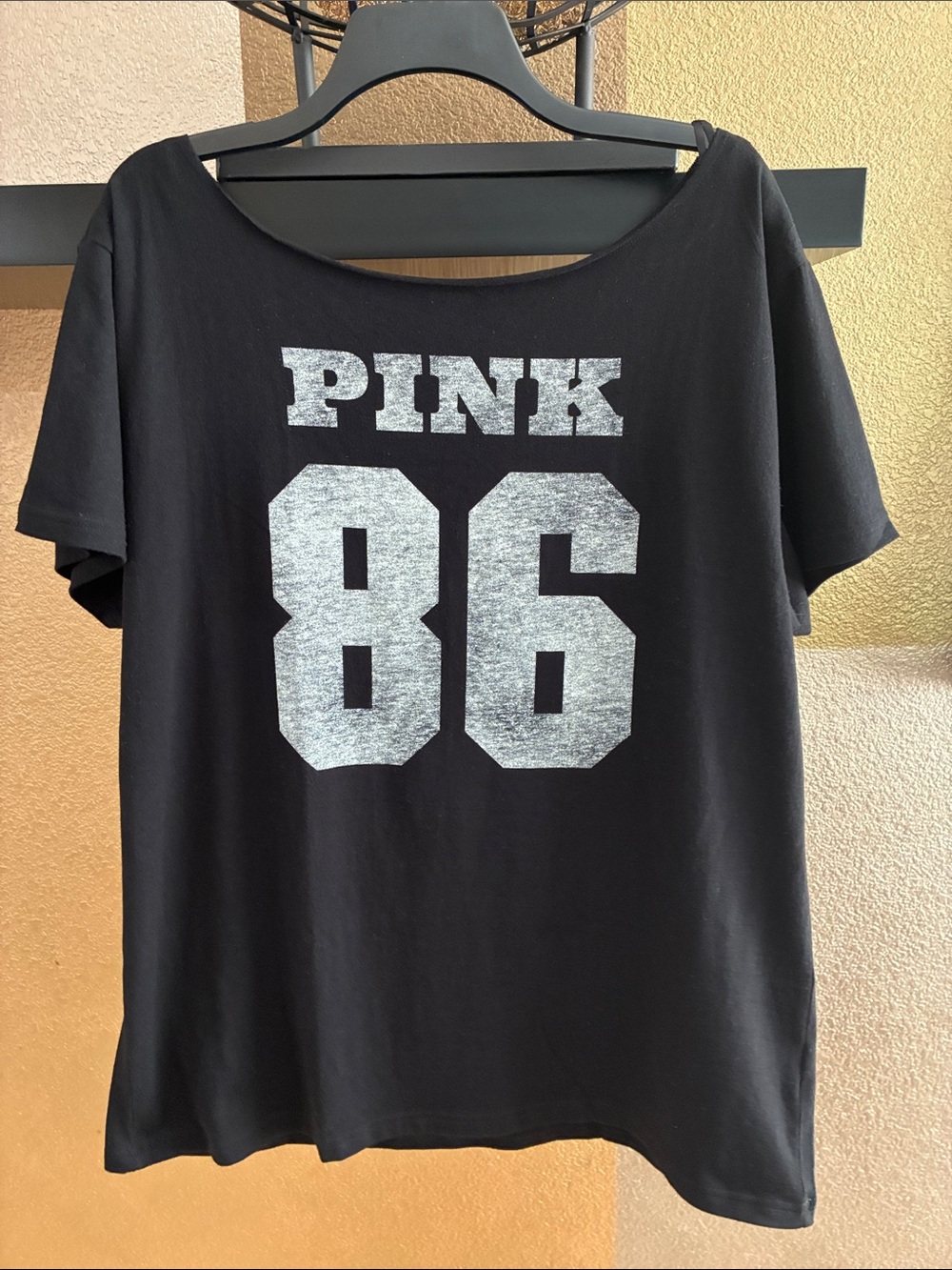PINK Victoria's Secret Black Campus Cotton Off- The Shoulder Tee NWT M